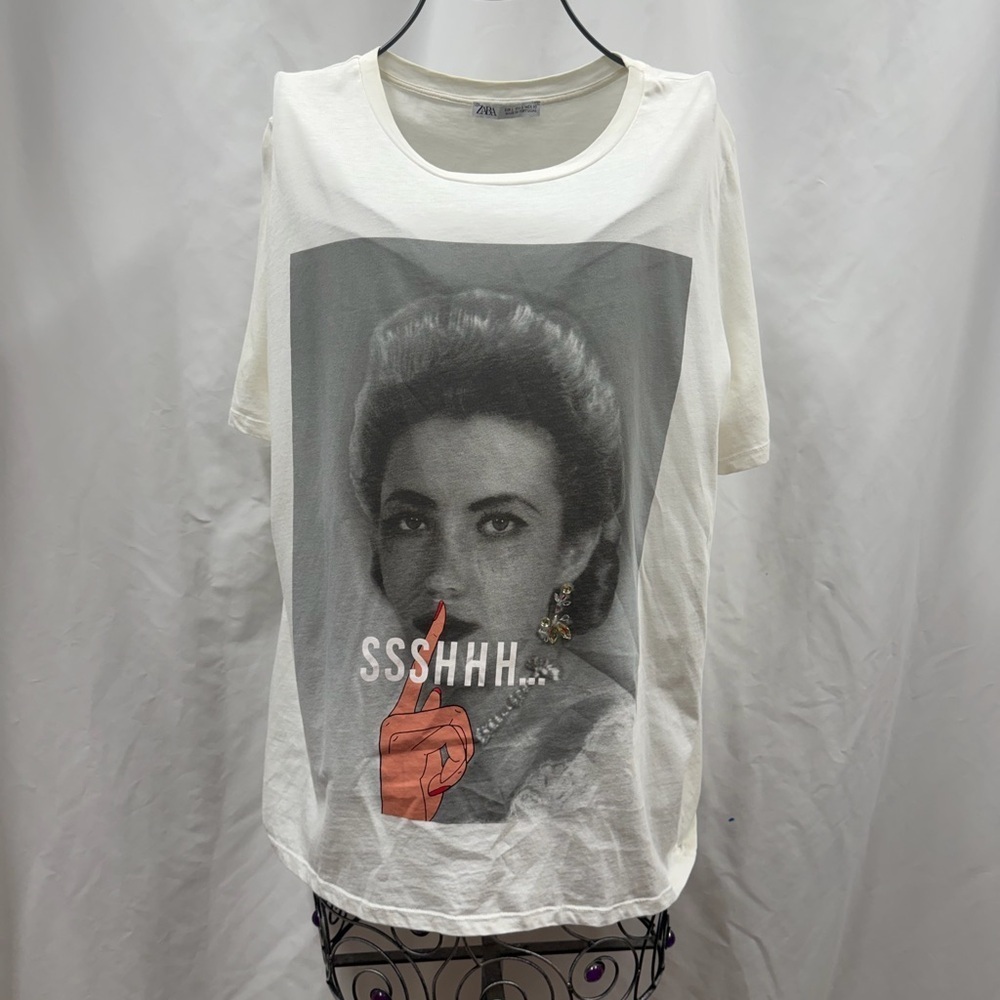 Zara white retro photograph ssshhh tshirt size L